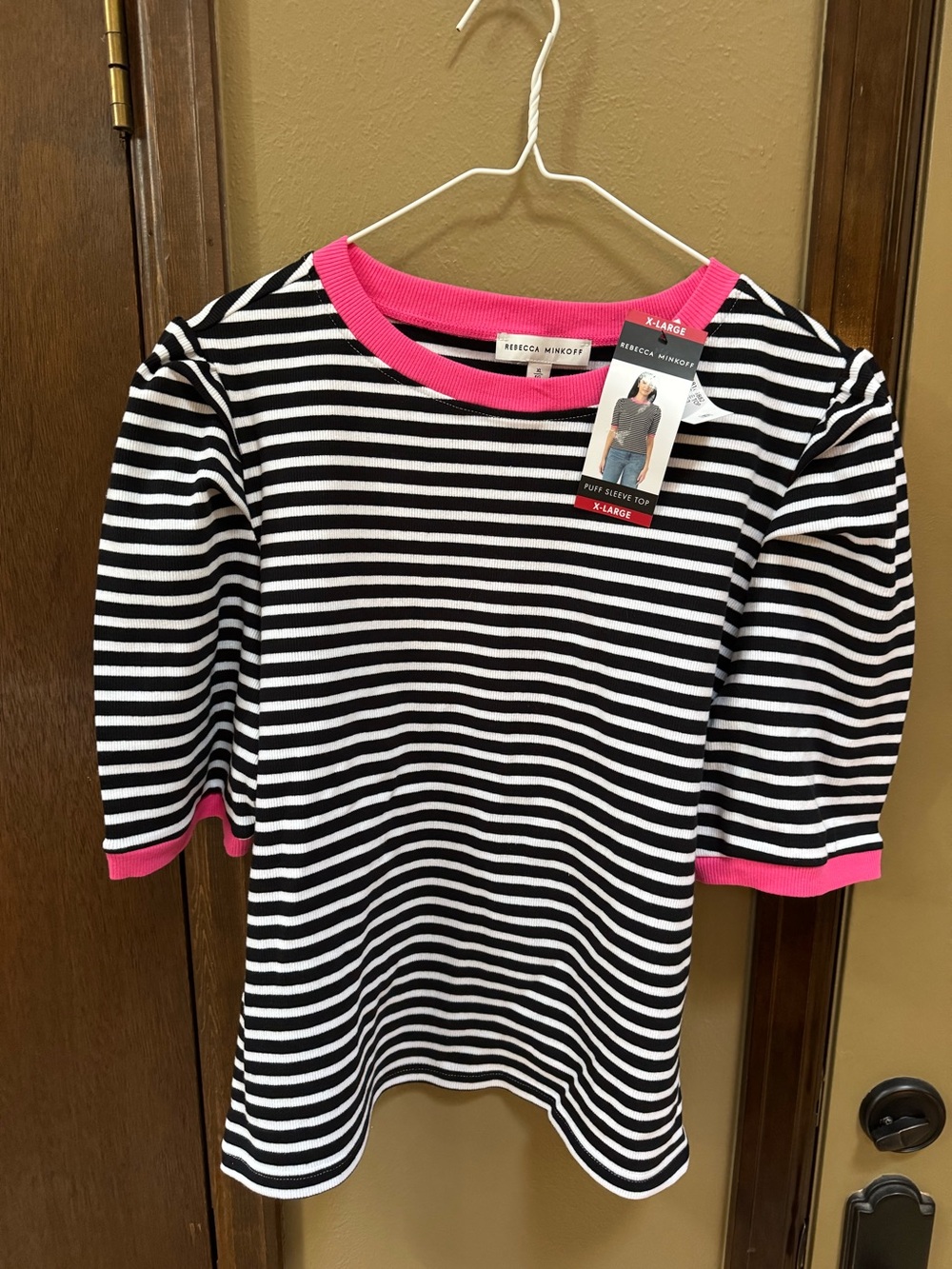 Rebecca Minkoff women’s size XL  Black & White Stripe Top with Pink Trim NWT